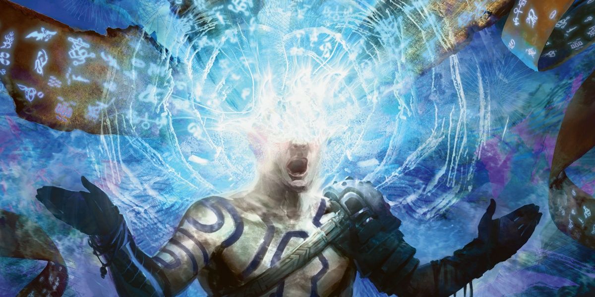 a dnd magician's head exploding in blue energy and runes