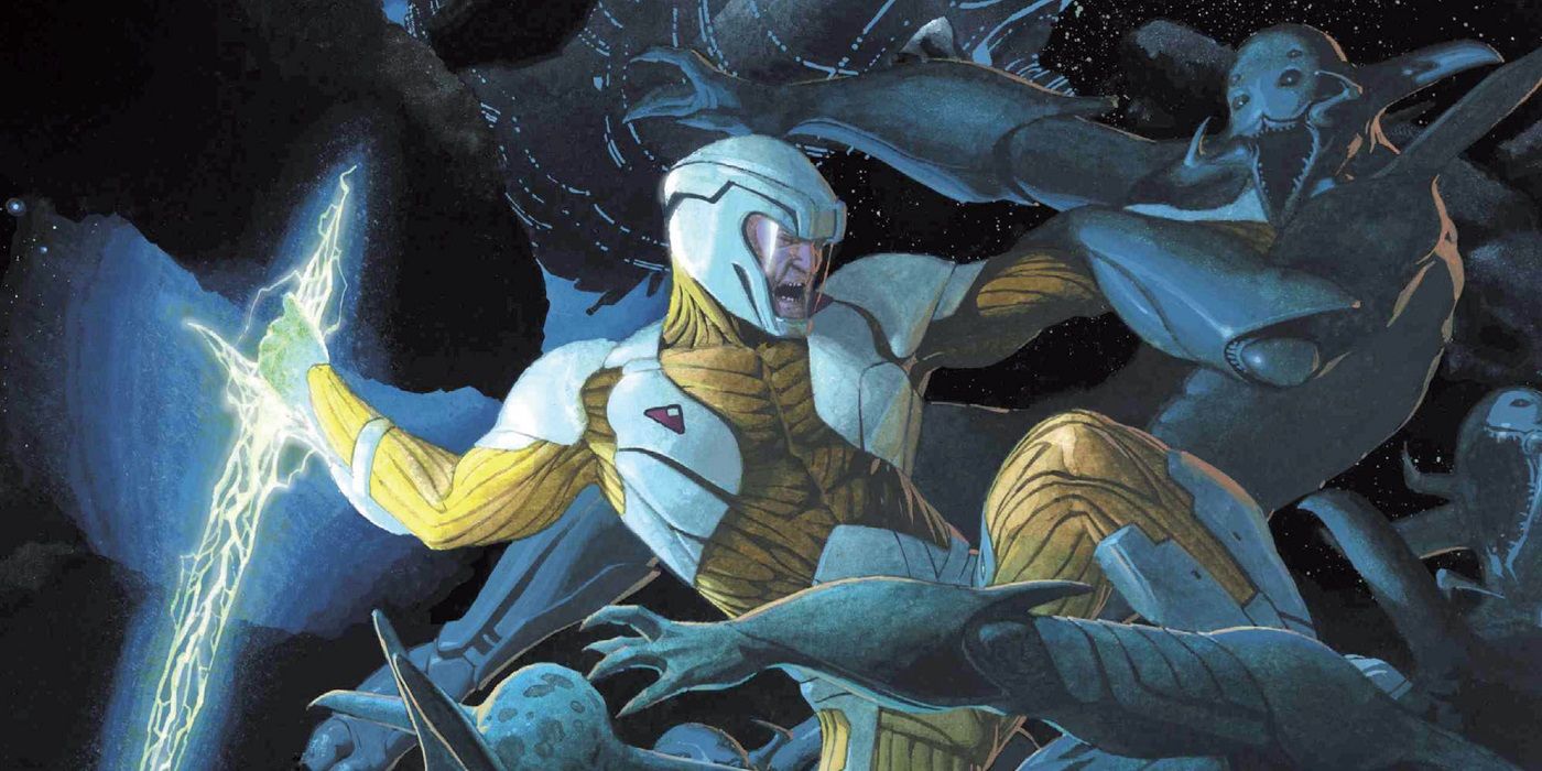X-O Manowar fighting off a horde of enemies in Valiant Comics