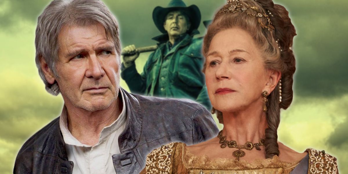 Harrison Ford from Force Awakens and Helen Mirren from Catherine the Great in front of Yellowstone poster
