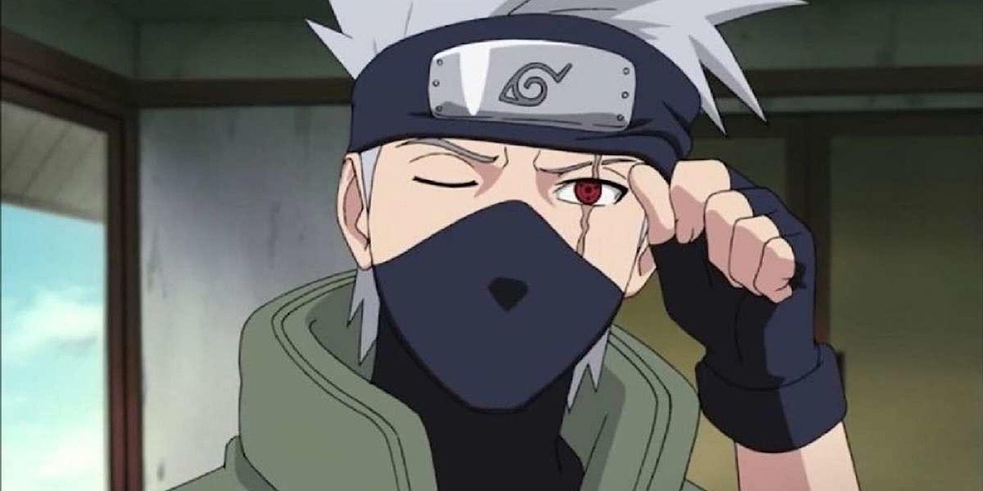 Kakashi Hatake lifting up his headband to show his sharingan eye in Naruto.