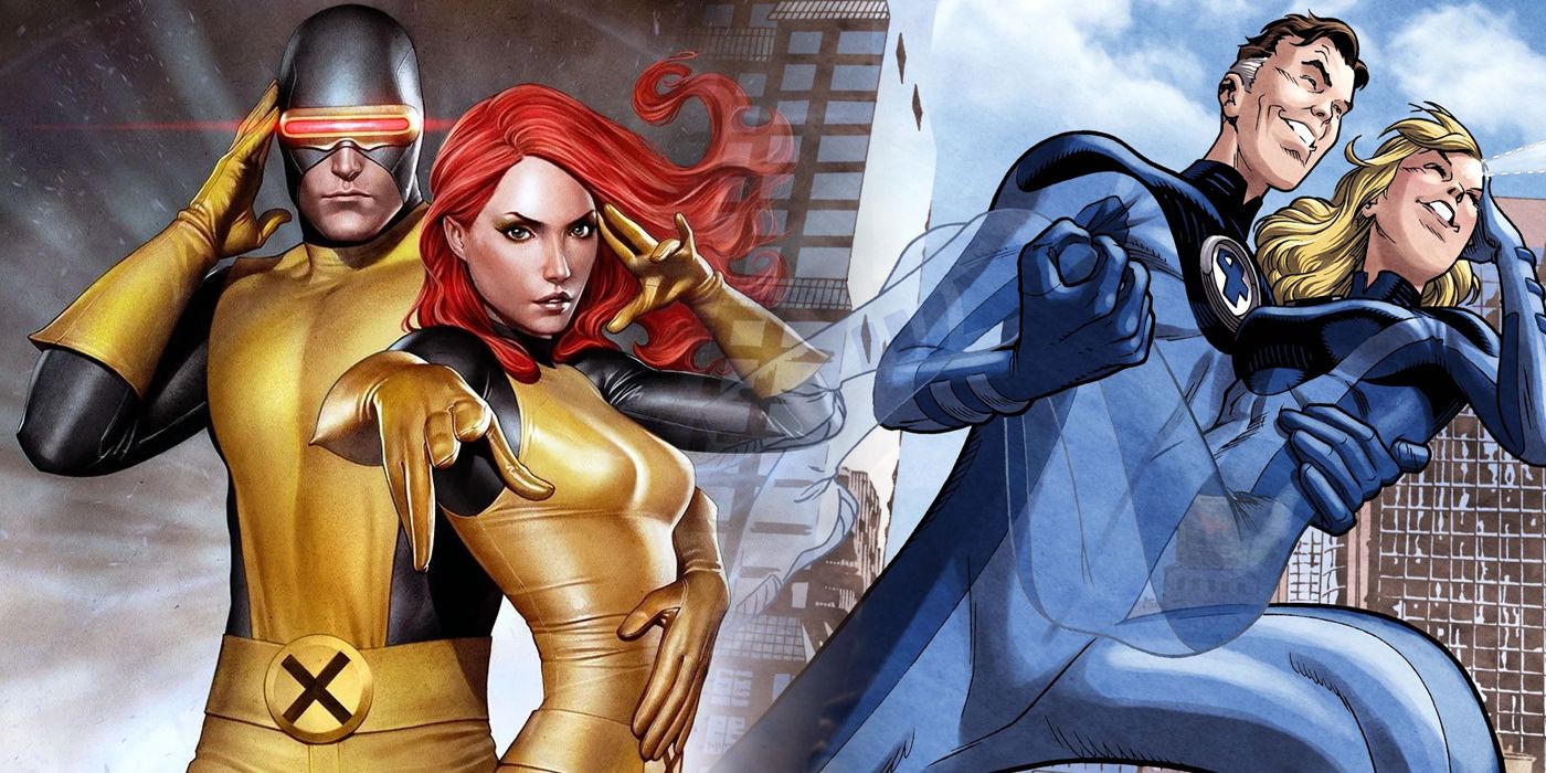 Cyclops and Jean Grey with Mr. Fantastic and Invisible Woman split image