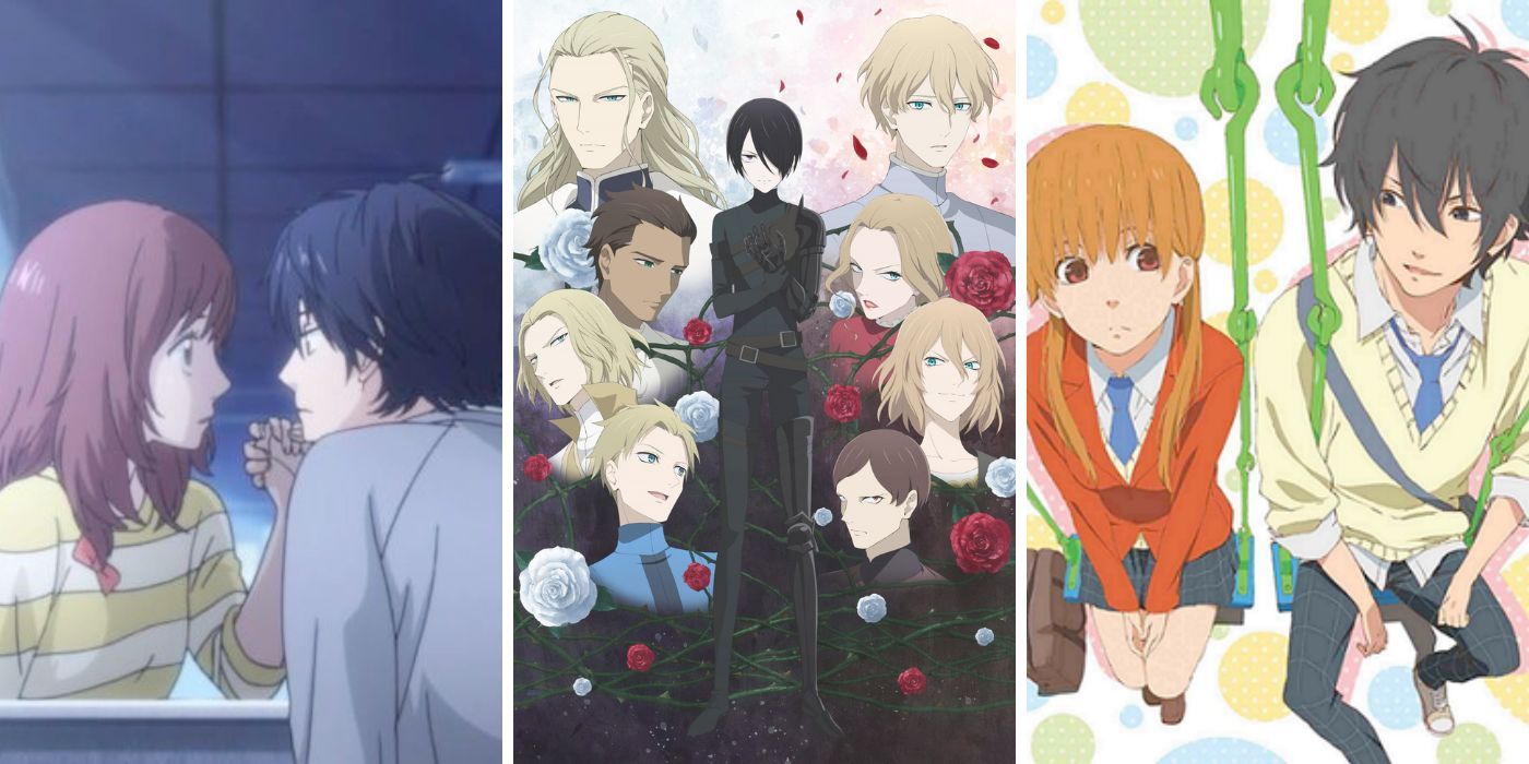 Image features a visual from Blue Spring Ride, Requiem of the Rose King, and My Little Monster: (From left to right) Futaba Yoshioka and Ko Tanaka/Mabuchi staring at each other, Richard II (top left), Catesby (middle-left), Edward V and George (bottom left), Richard III (middle), Henry VI (top right), Margaret (middle-right), Edward of Lancaster and Warwick (bottom right) standing amongst white and red roses and thorns, and Shizuku Mizutani (red school uniform) and Haru Yoshida (yellow sweater v