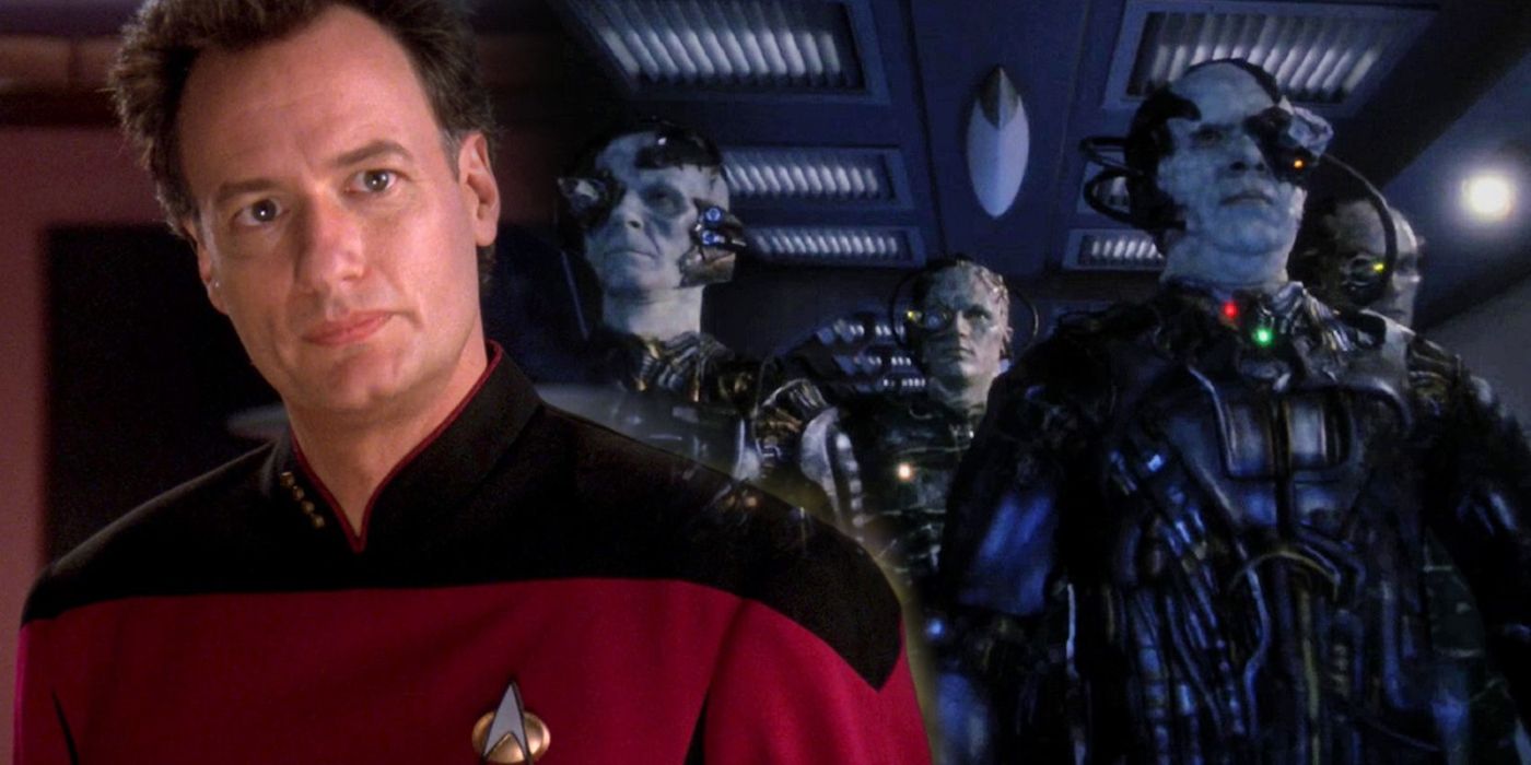 Q and The Borg From Star Trek The Next Generation split image