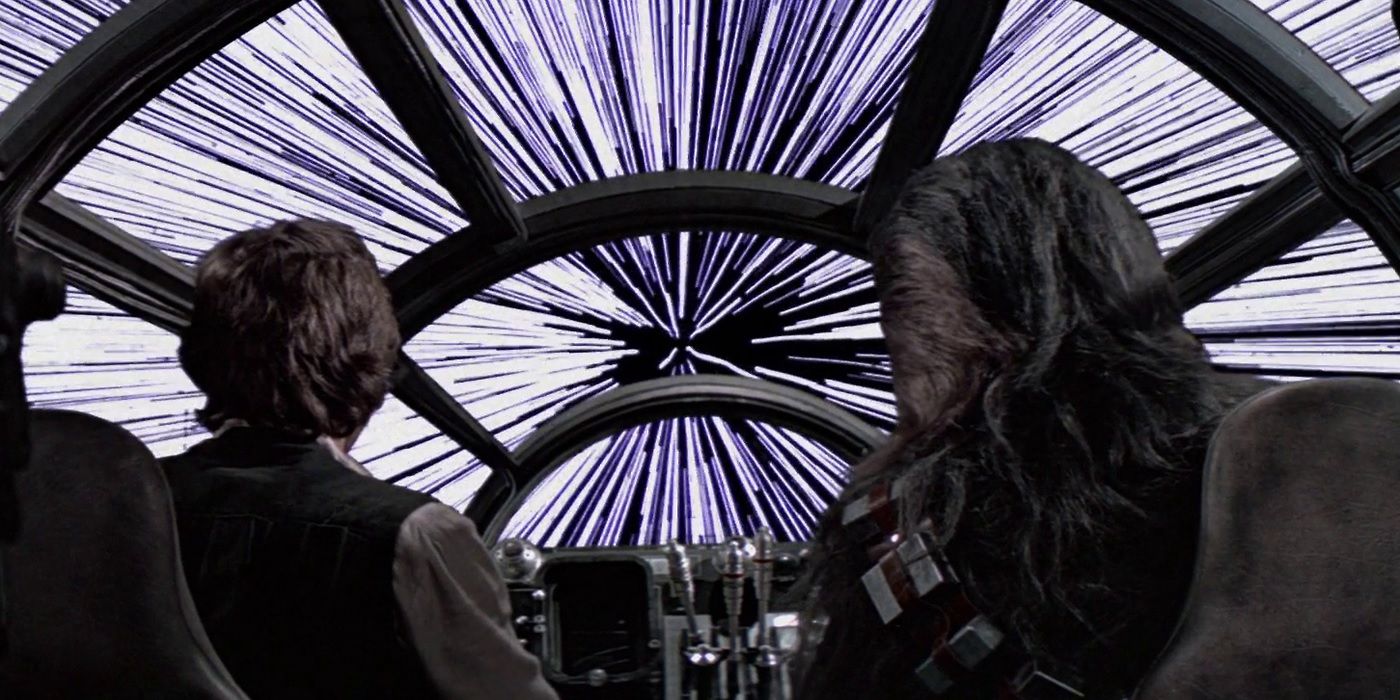 Han Solo and Chewbacca jump to lightspeed in the Millenium Falcon.