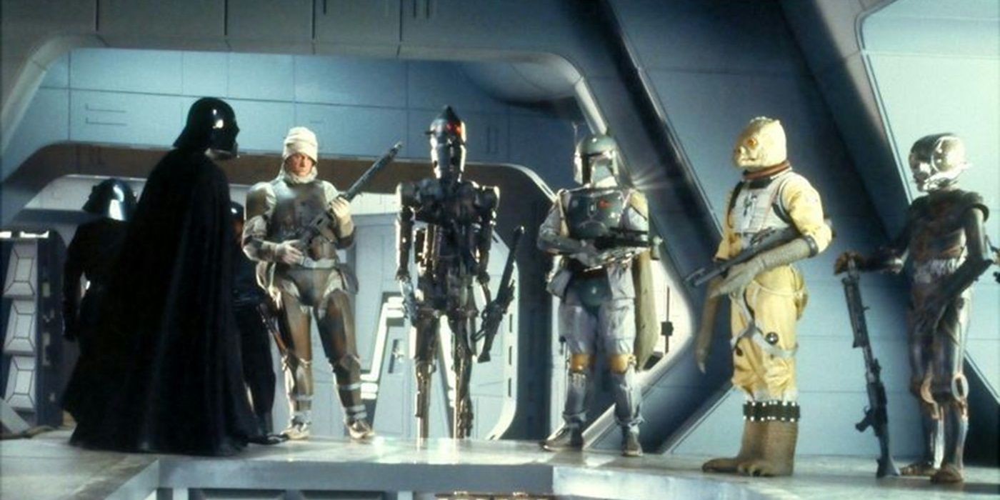 Darth Vader meets with the bounty hunters aboard his ship.