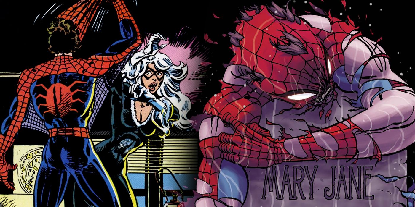 Spider-Man unmasking to Black Cat and holding Mary Jane's grave split image