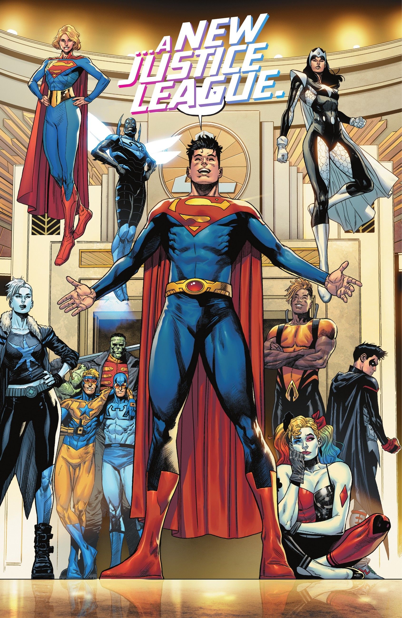 Supergirl shows off her sleek new costume alongside other members of Jon Kent's new Justice League, from Dark Crisis #1.