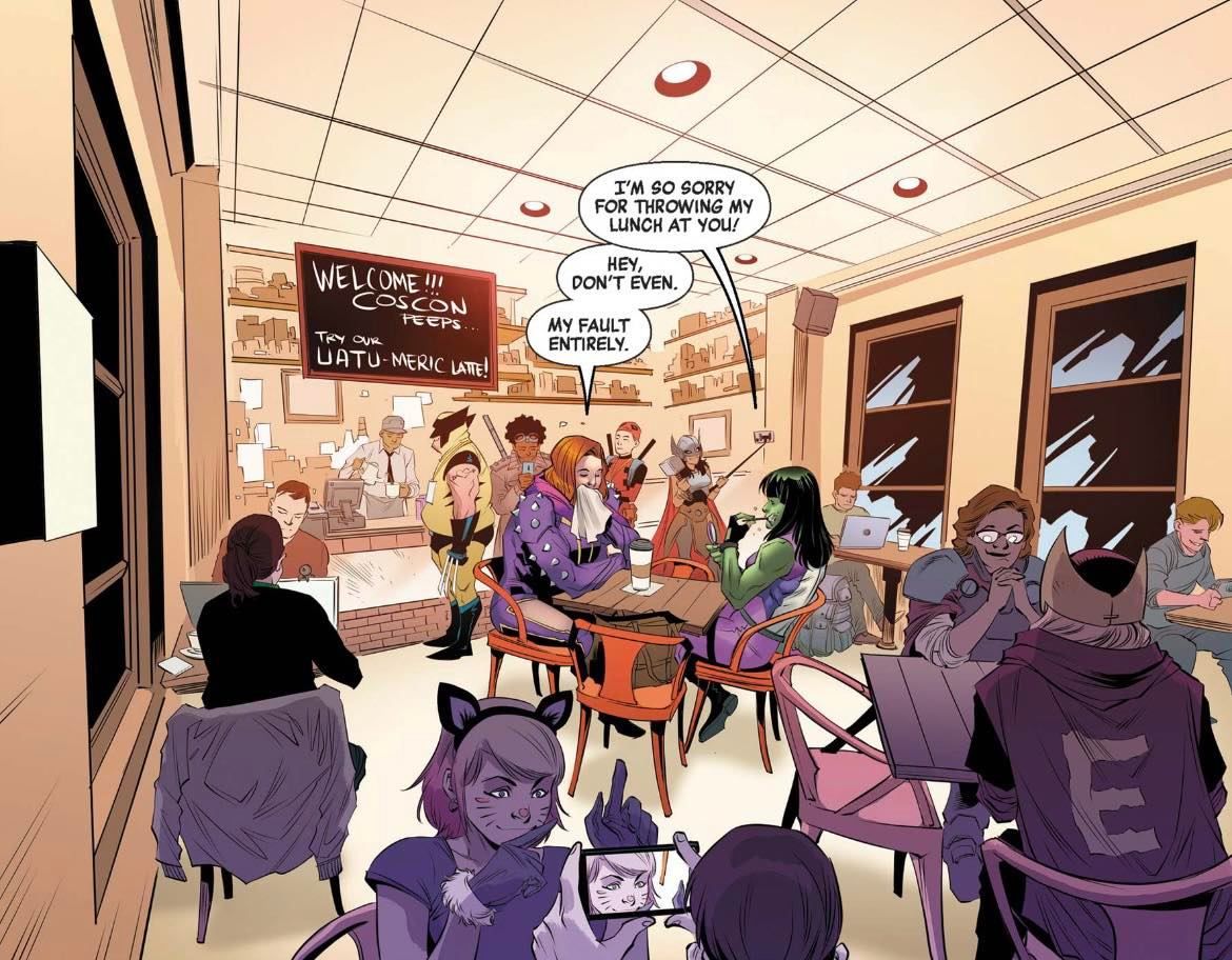 At a fan convention, a She-Hulk cosplayer has a conversation with Titania. In front of them, Gwenpool appears wearing a cat costume featuring the colours of the asexual pride flag.