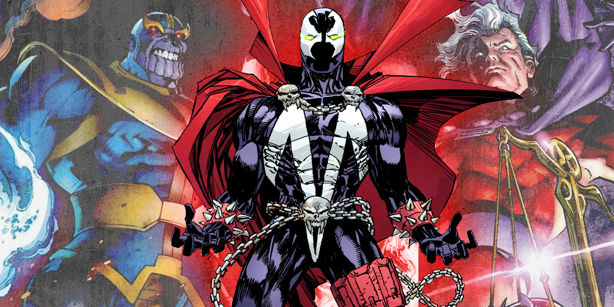 Thanos and Magneto standing behind Spawn split image