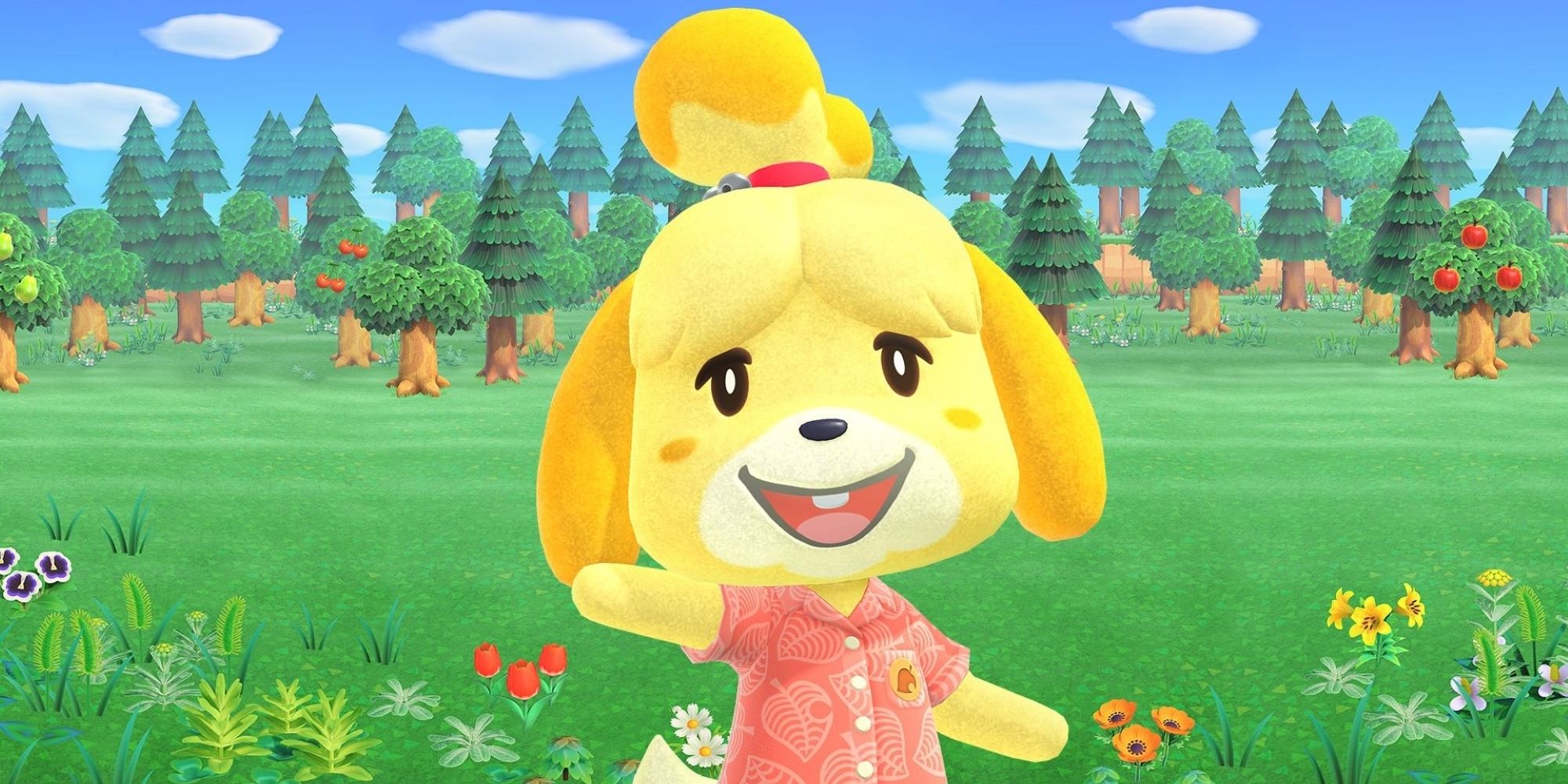 Isabelle from Animal Crossing: New Horizons against a forest backdrop.