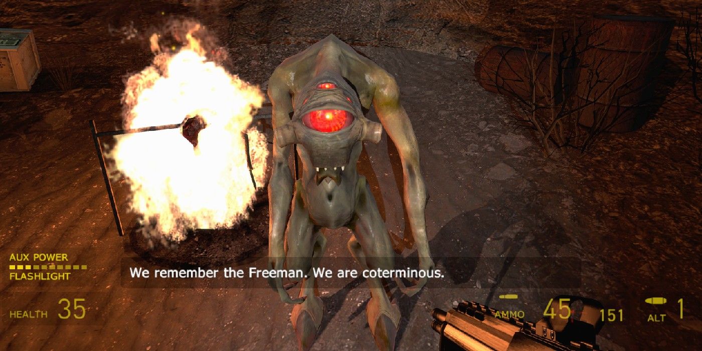 A Vortigaunt greets Gordon Freeman in Half Life 2.