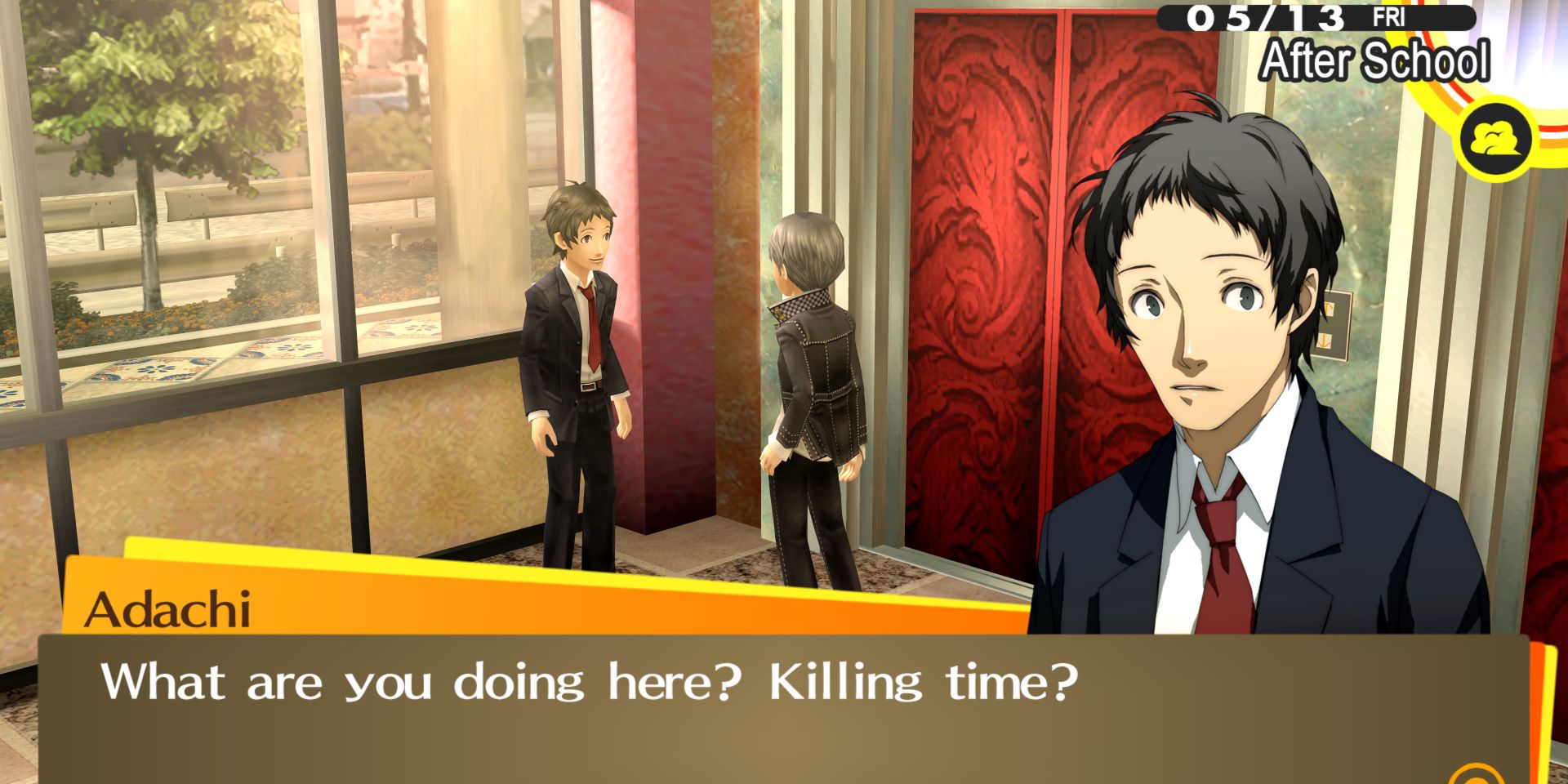 The protagonist (Yu) meets up with Tohru Adachi at Junes in Persona 4 Golden
