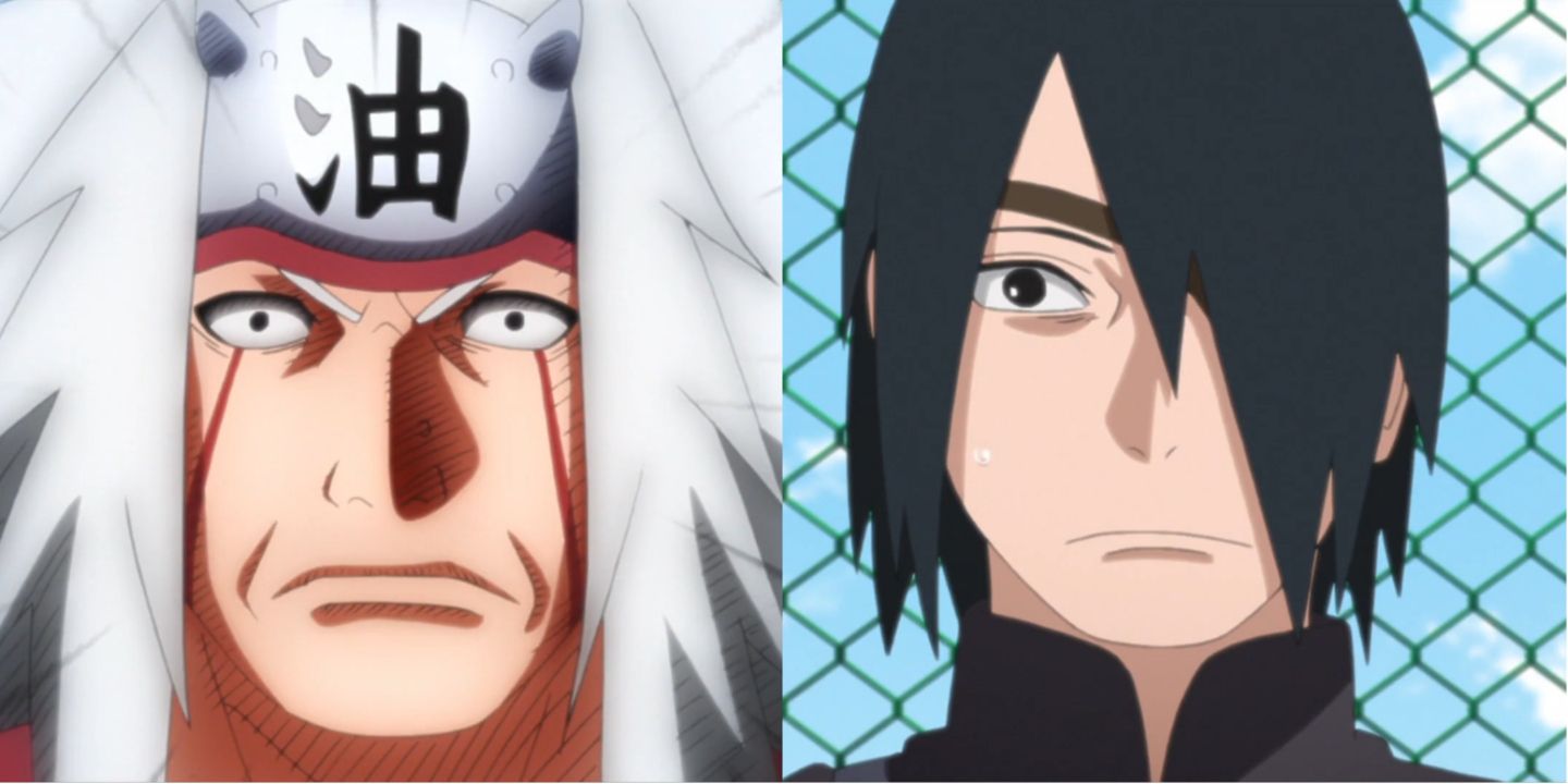 A split image depicts adult Sasuke and Jiraiya from Boruto.