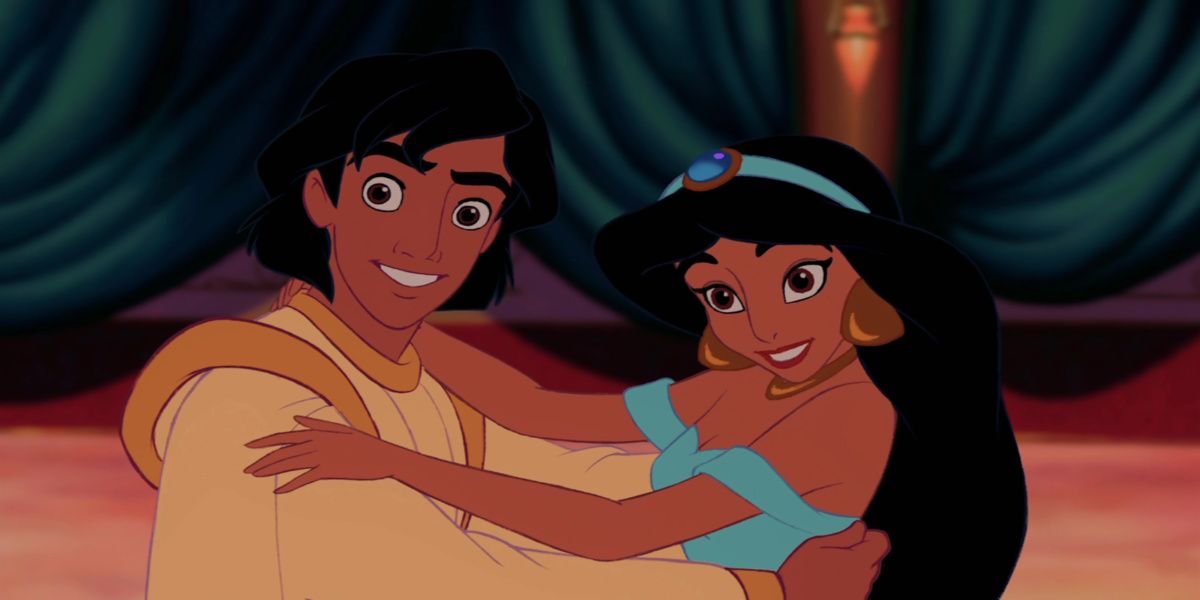 Aladdin and Jasmine from Aladdin embracing.