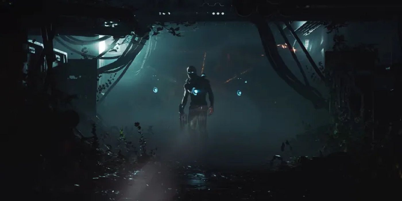 Un humanoïde debout dans un couloir sombre dans Aliens: Dark Descent