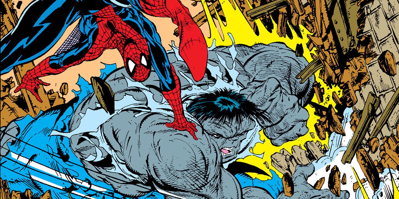 Spider-Man dodges Gray Hulk's punch