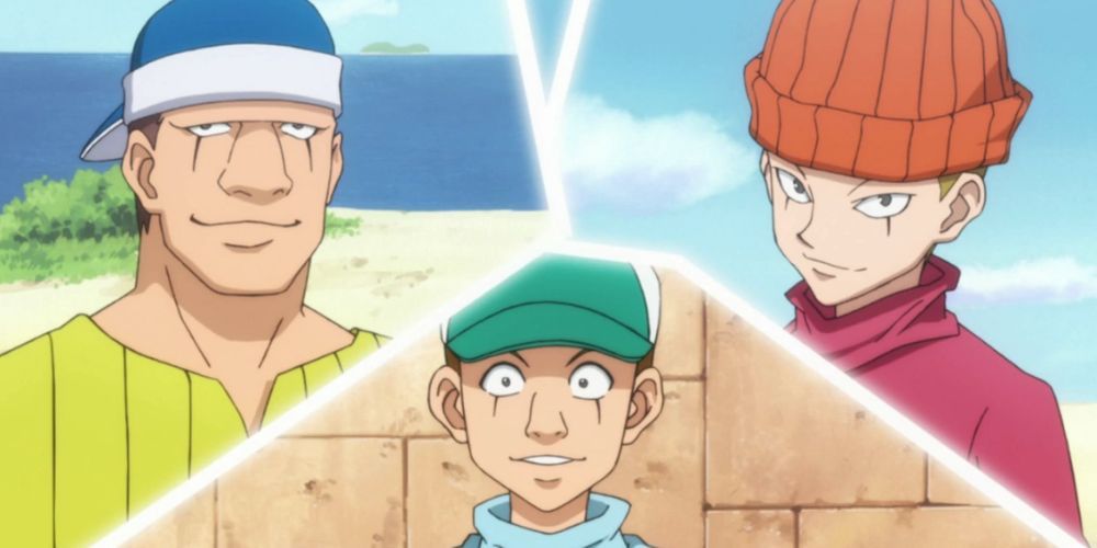 The three Amori Brothers smiling during the Hunter Exam in Hunter x Hunter.