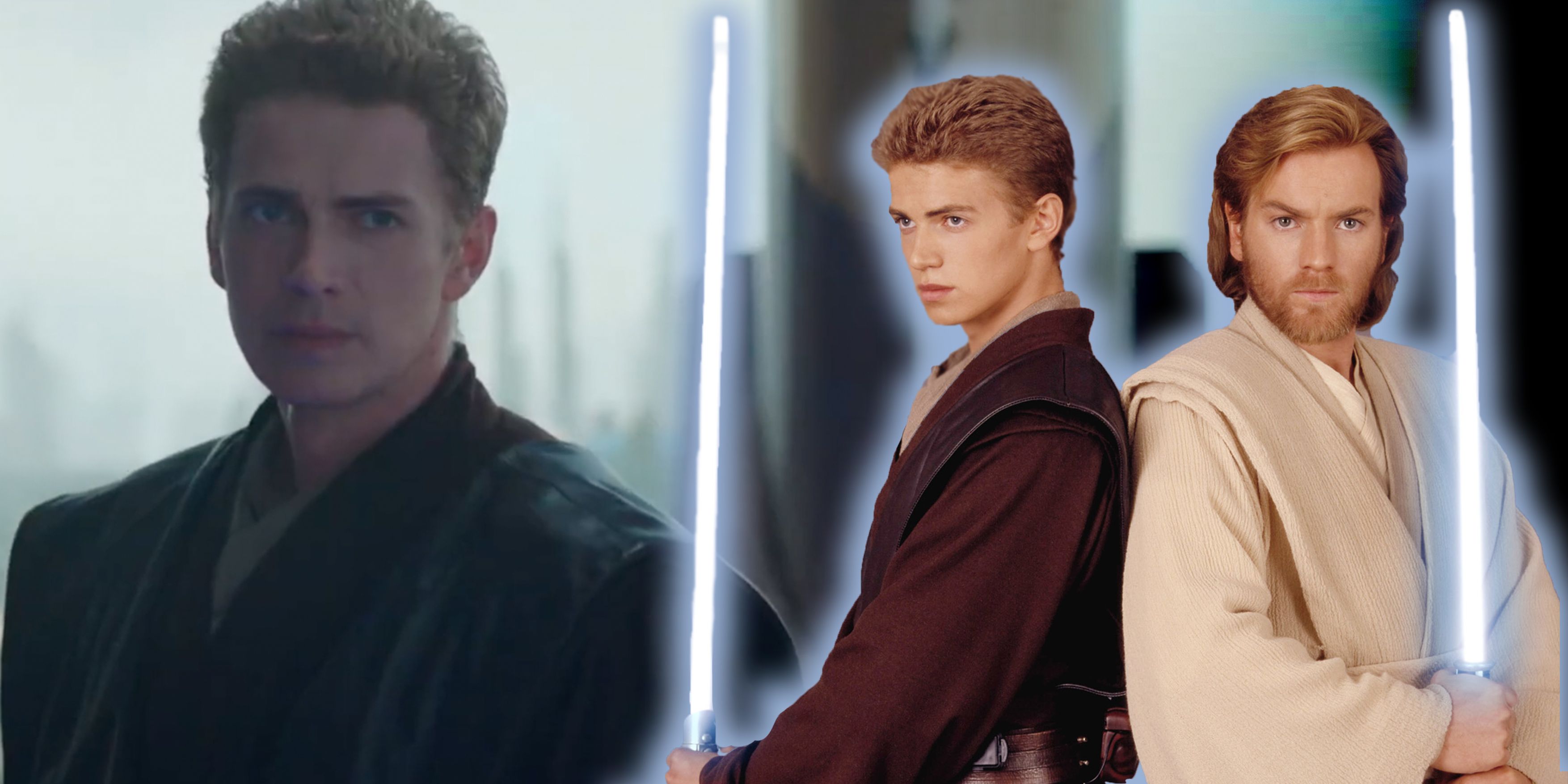 Older Anakin Skywalker juxtaposed with himself and Obi-Wan from Attack of the Clones