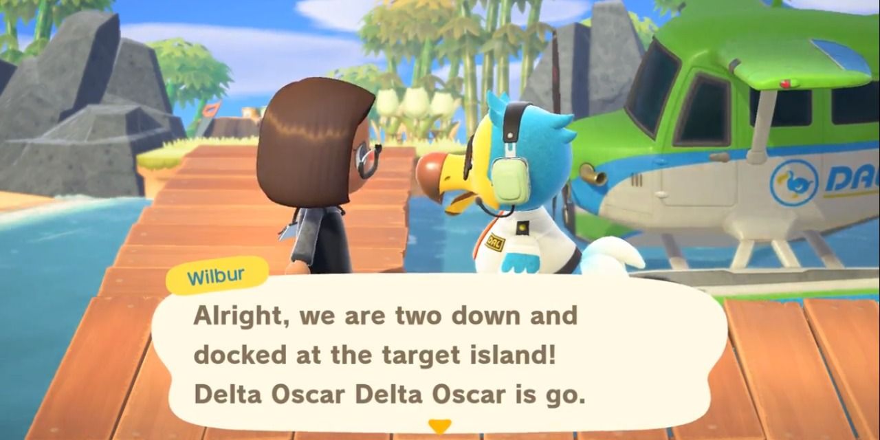 Wilbur from Animal Crossing: New Horizons saying "Alright, we are two down and docked at the target island! Delta Oscar Delta Oscar is go."