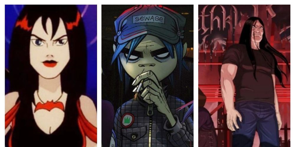 Asplit image of characters from the Hex Girls, Gorillaz, and Dethklok