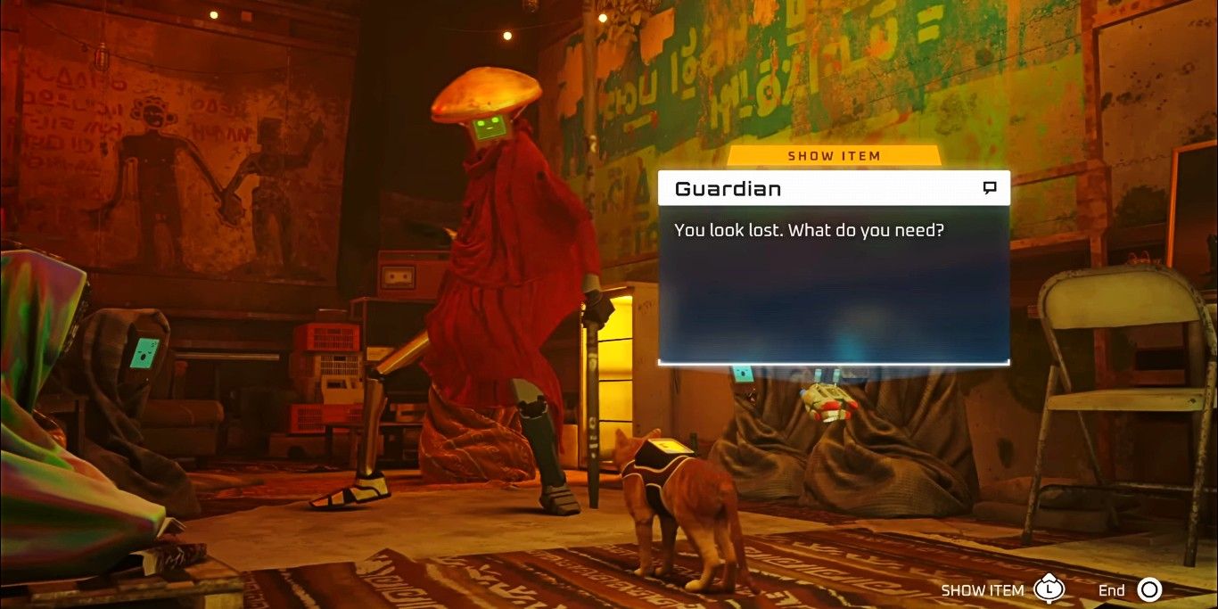 Screenshot depicting the protagonist and B-12 interacting with an NPC, as seen in Stray.