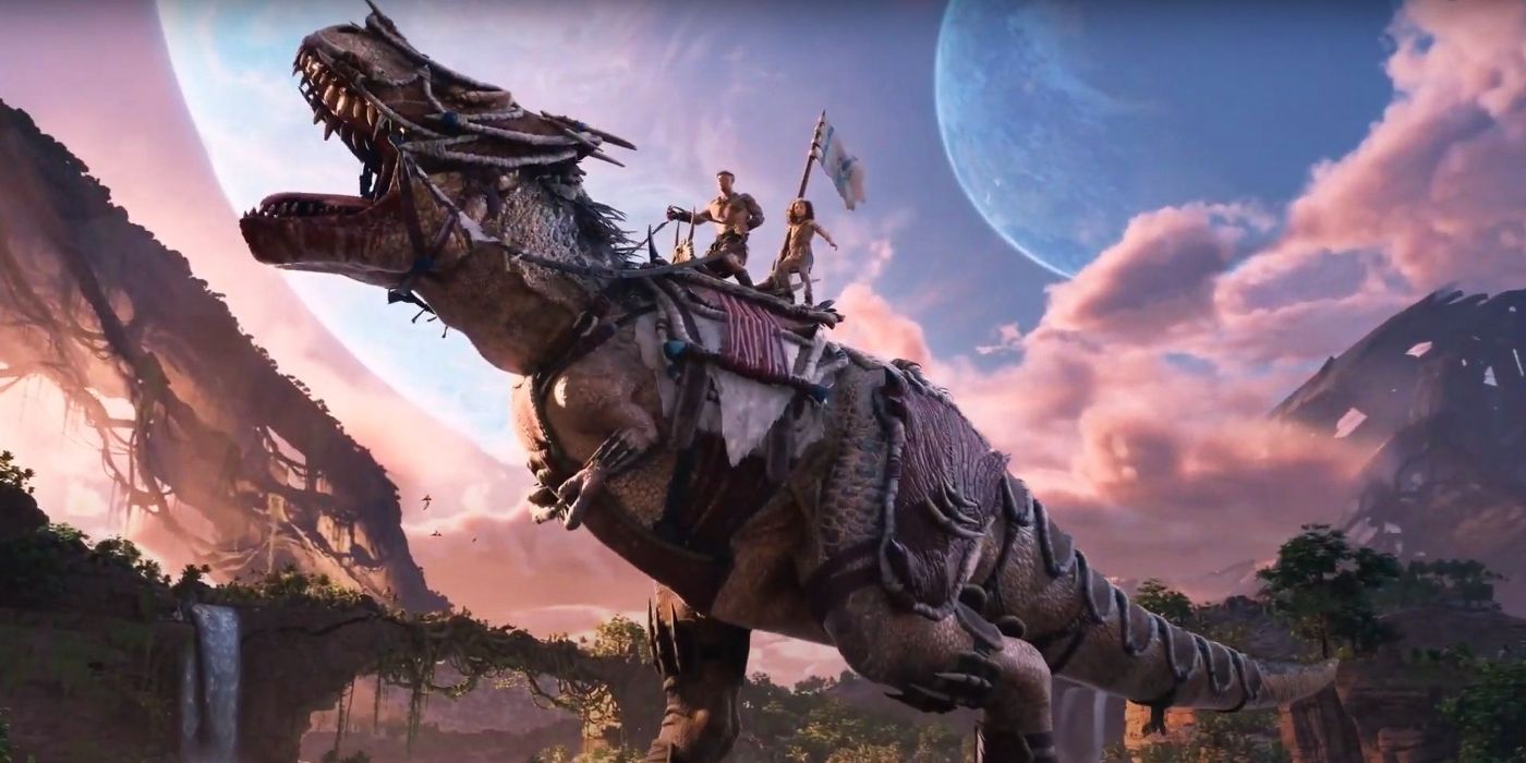 Ark 2 Main characters riding a dinosaur