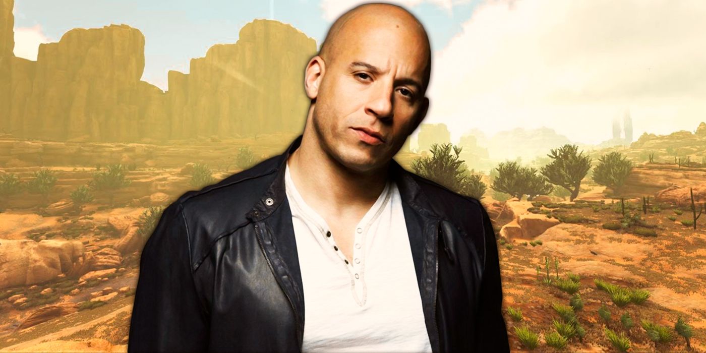 Image of Vin Diesel in the foreground of Ark Survival landscape.