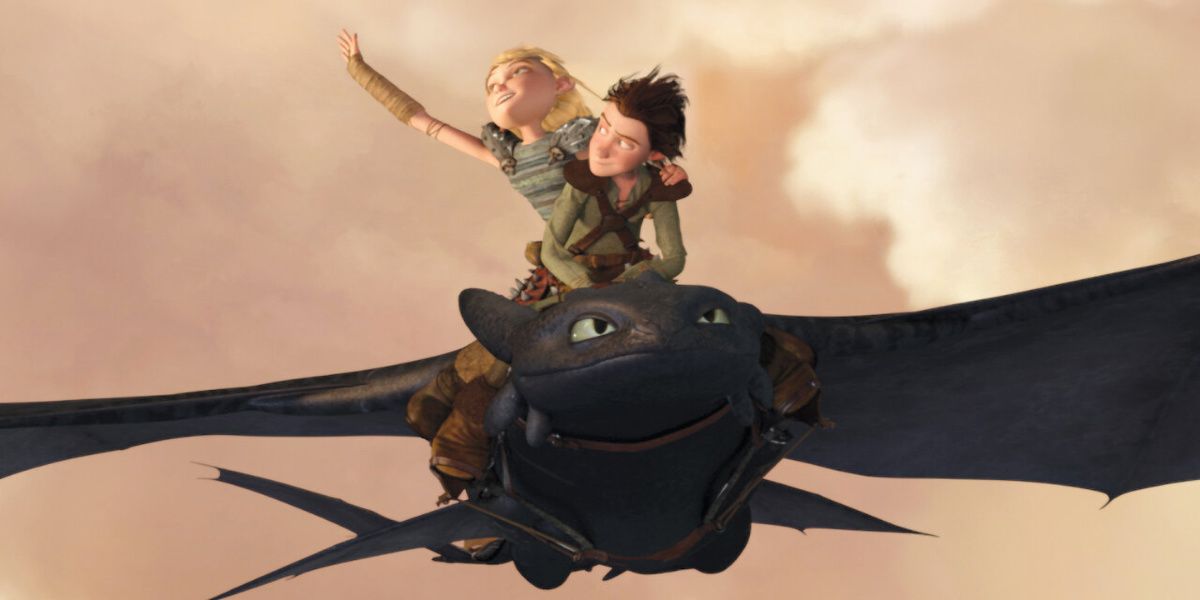 Astrid, Hiccup and Toothless fly from “How to Train Your Dragon”