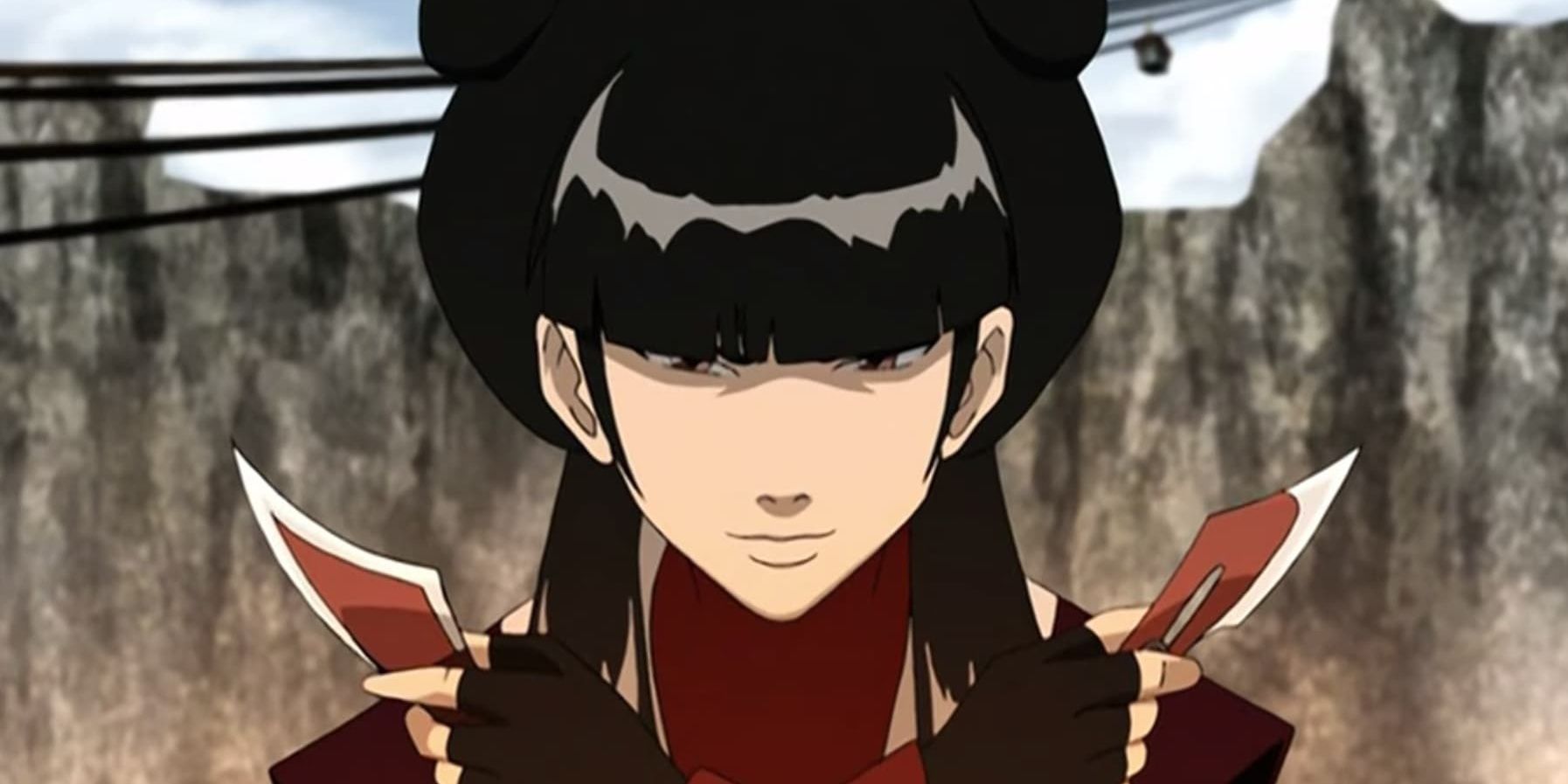 Mai looks serious in Avatar: The Last Airbender with her throwing knives.