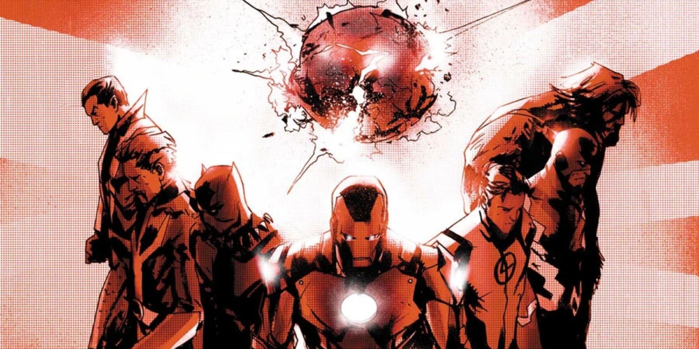 The Avengers surrounding an Incursion, their backs turned in shame, in Marvel Comics
