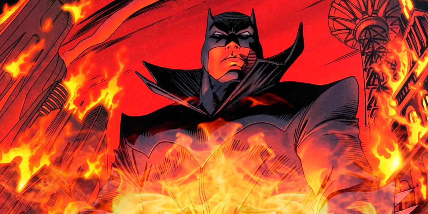 Damian Wayne Batman stands over a burning Gotham City