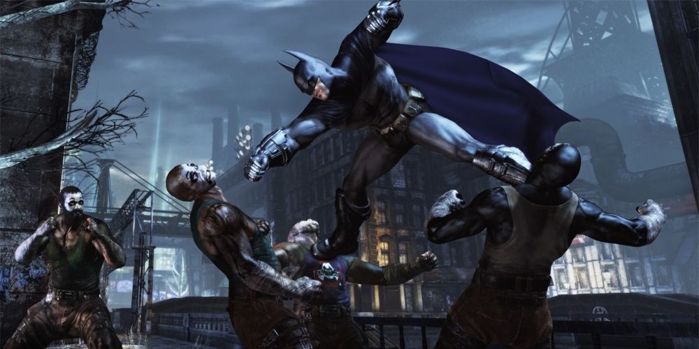 Batman attacking a group of thugs in Batman: Arkham City