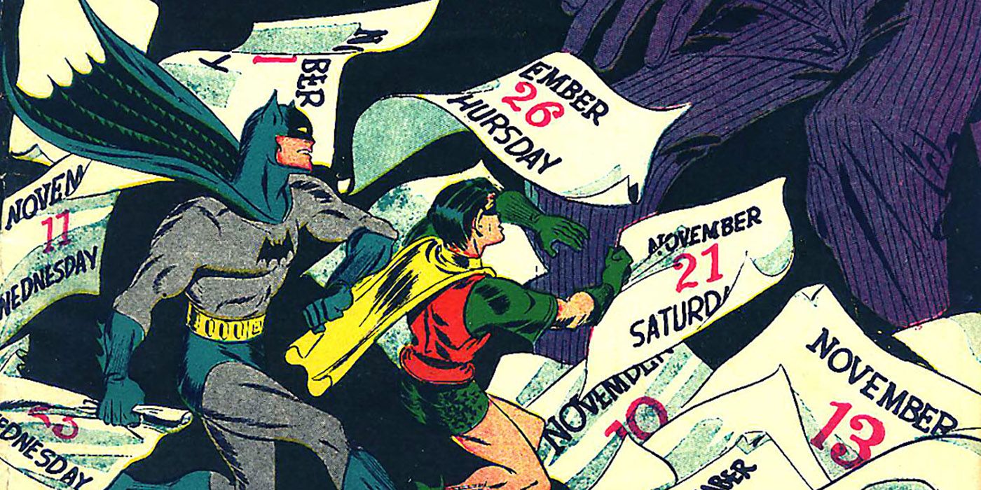The Joker throws calendars at Batman and Robin