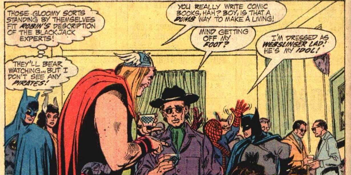 Batman, Thor, and Dennis O'Neil at a party in Detective Comics
