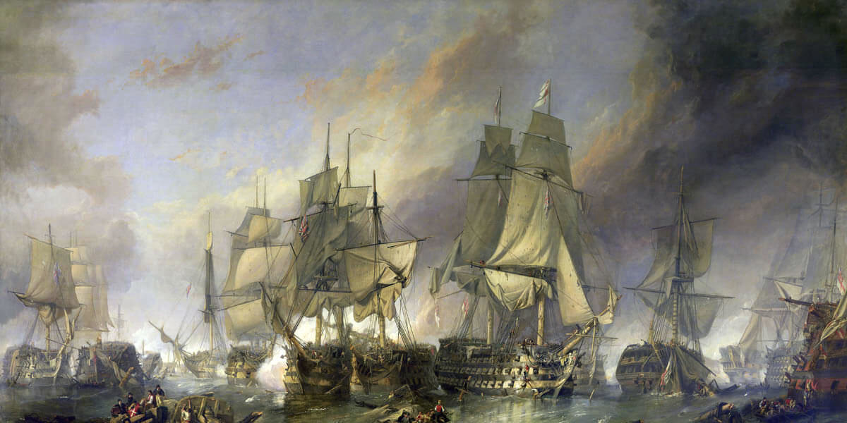 An antique painting of The Battle of Trafalgar