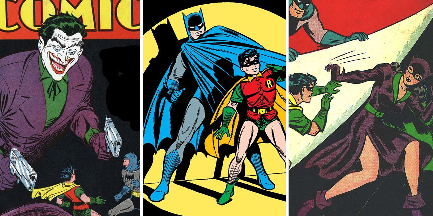 Batman, Robin, Catwoman, and Joker on comic covers
