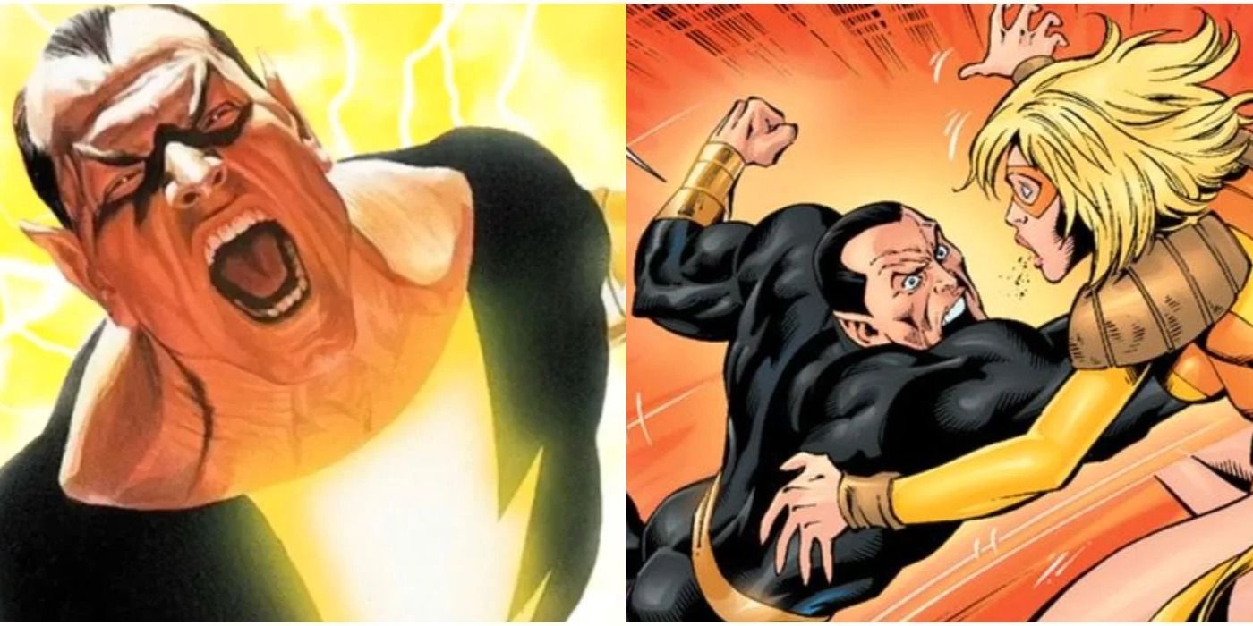 A split image of an Alex Ross cover painting of Black Adam and Black Adam killing Terra in DC Comics