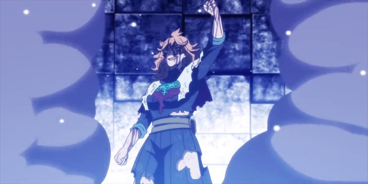Black Clover - Mereoleona covered in blood and raising her fist high