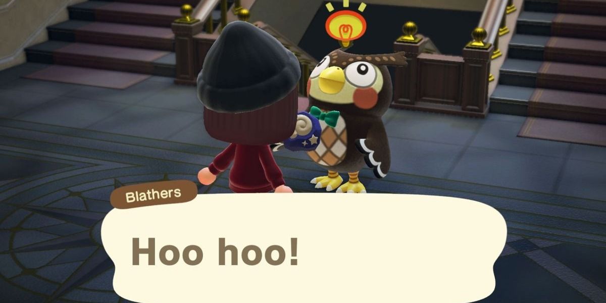 Blathers from Animal Crossing: New Horizons exclaiming "hoo hoo!" while holding a fossil.