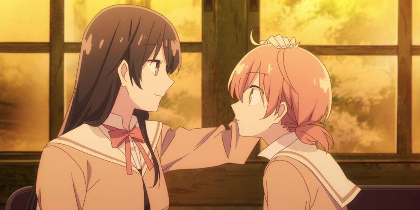 Bloom Into You anime. Image of two cast members looking into eachother's eyes