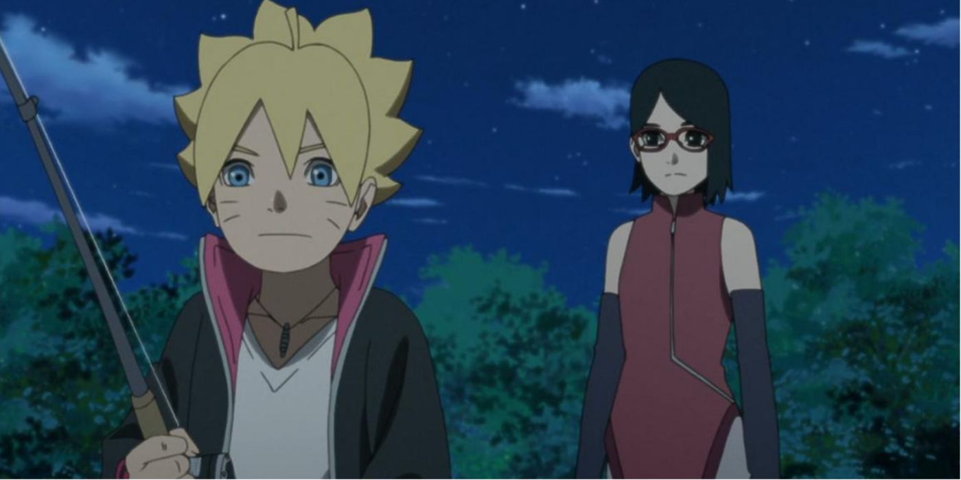 Boruto pescando Carpa Eterna com Sarada em Boruto.
