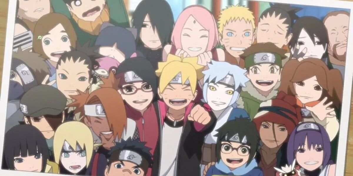 Boruto surrounded by his friends in a photograph. 