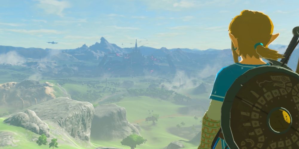 Link overlooking the ruined Hyrule in The Legend of Zelda: Breath of the Wild