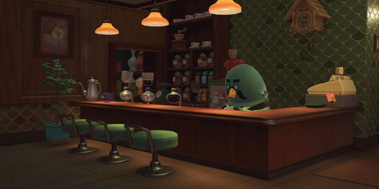 Brewster from Animal Crossing: New Horizons behind a cafe counter.