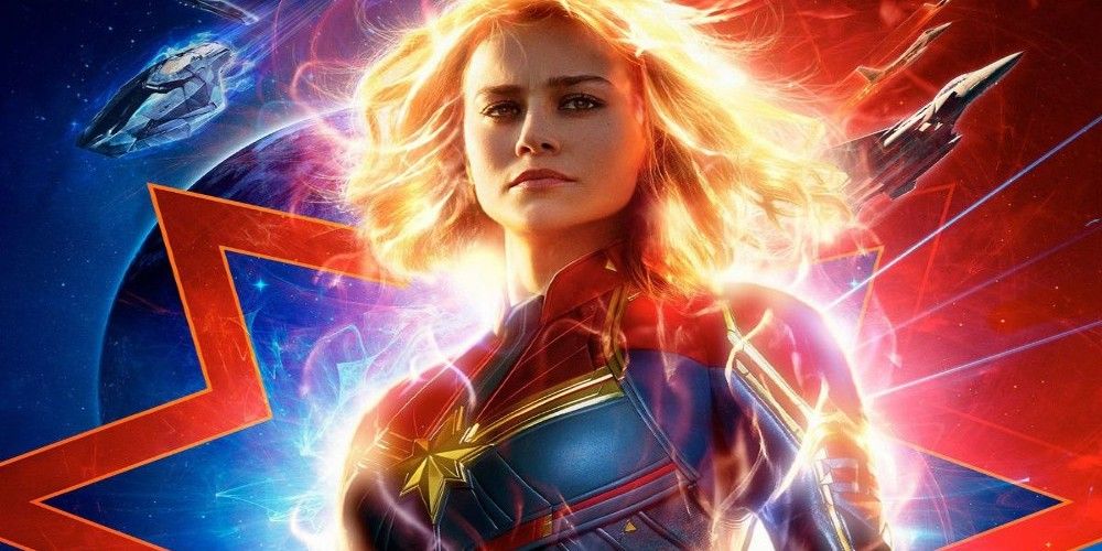 The MCU's Captain Marvel in a heroic movie poster pose