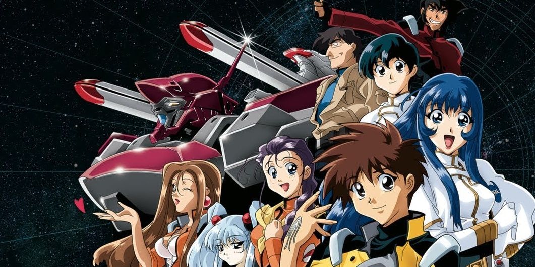 The cast of Martian Successor Nadesico standing next to the Aestivalis.