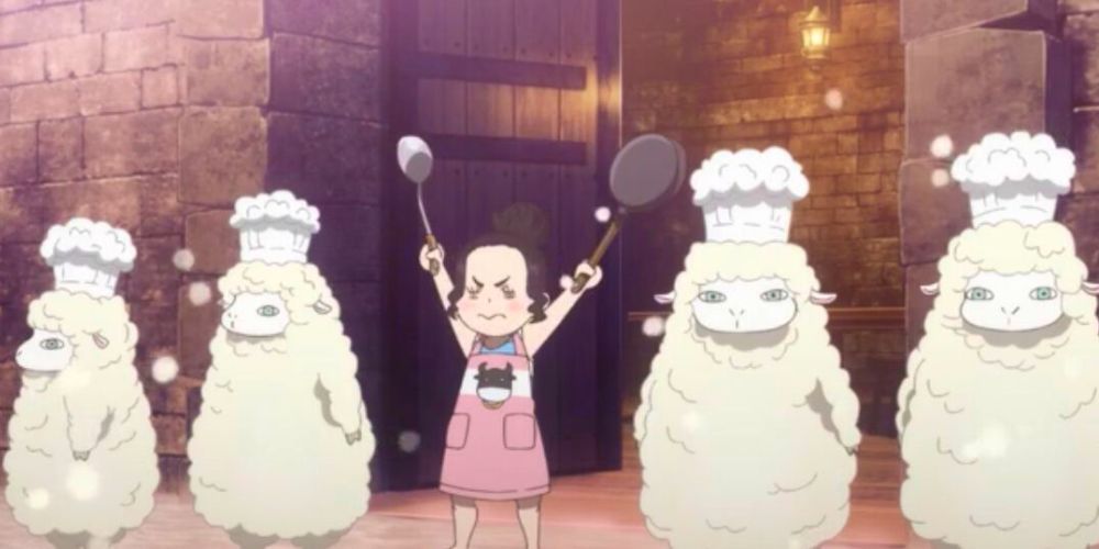 Charmy cooking with her sheep chefs in Black Clover