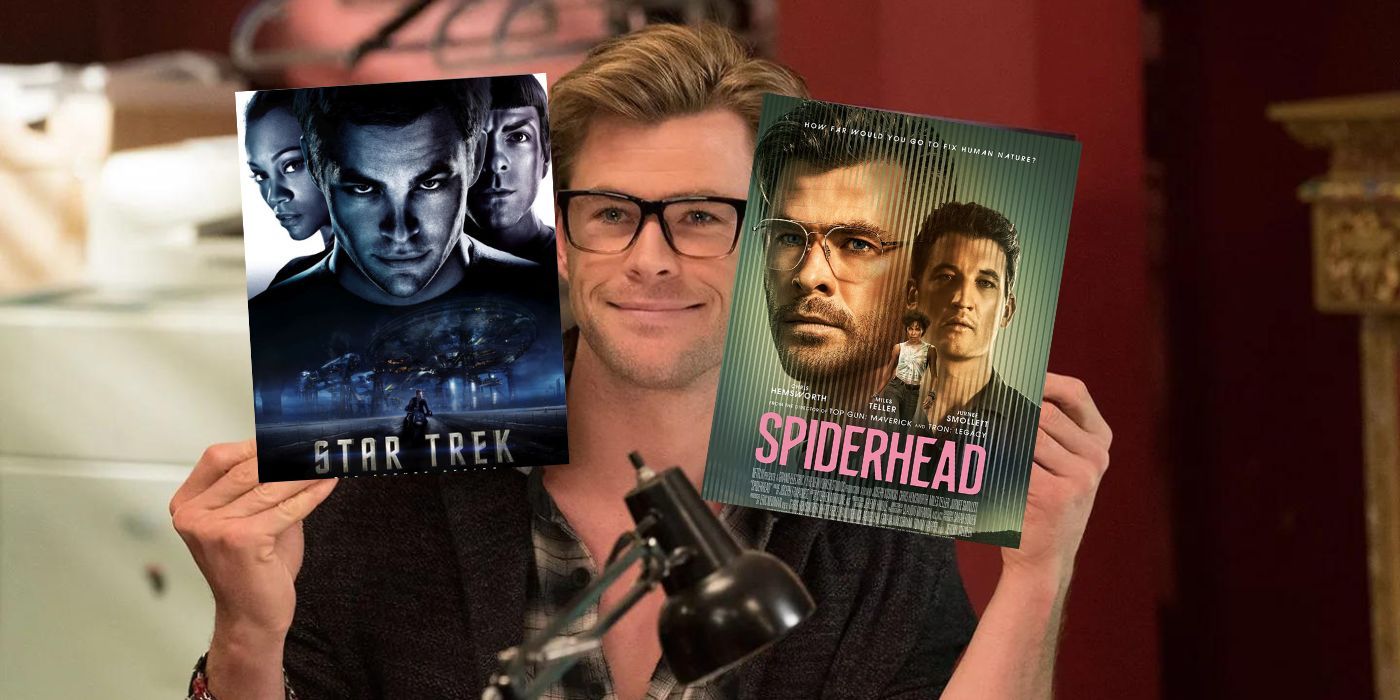 Image: Chris Hemsworth wearing glasses and holding up two pictures of movie titles. Article: Best roles and characters that aren't Thor.