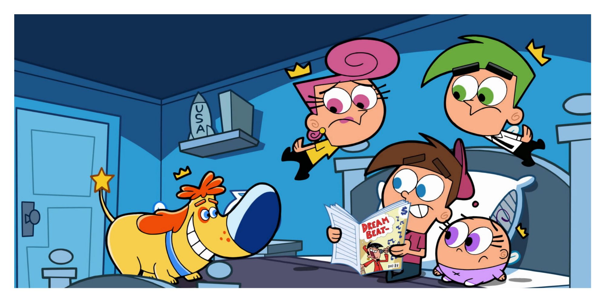 Timmy, Poof, Cosmo, Wanda, and Sparky in Fairly Odd Parents.
