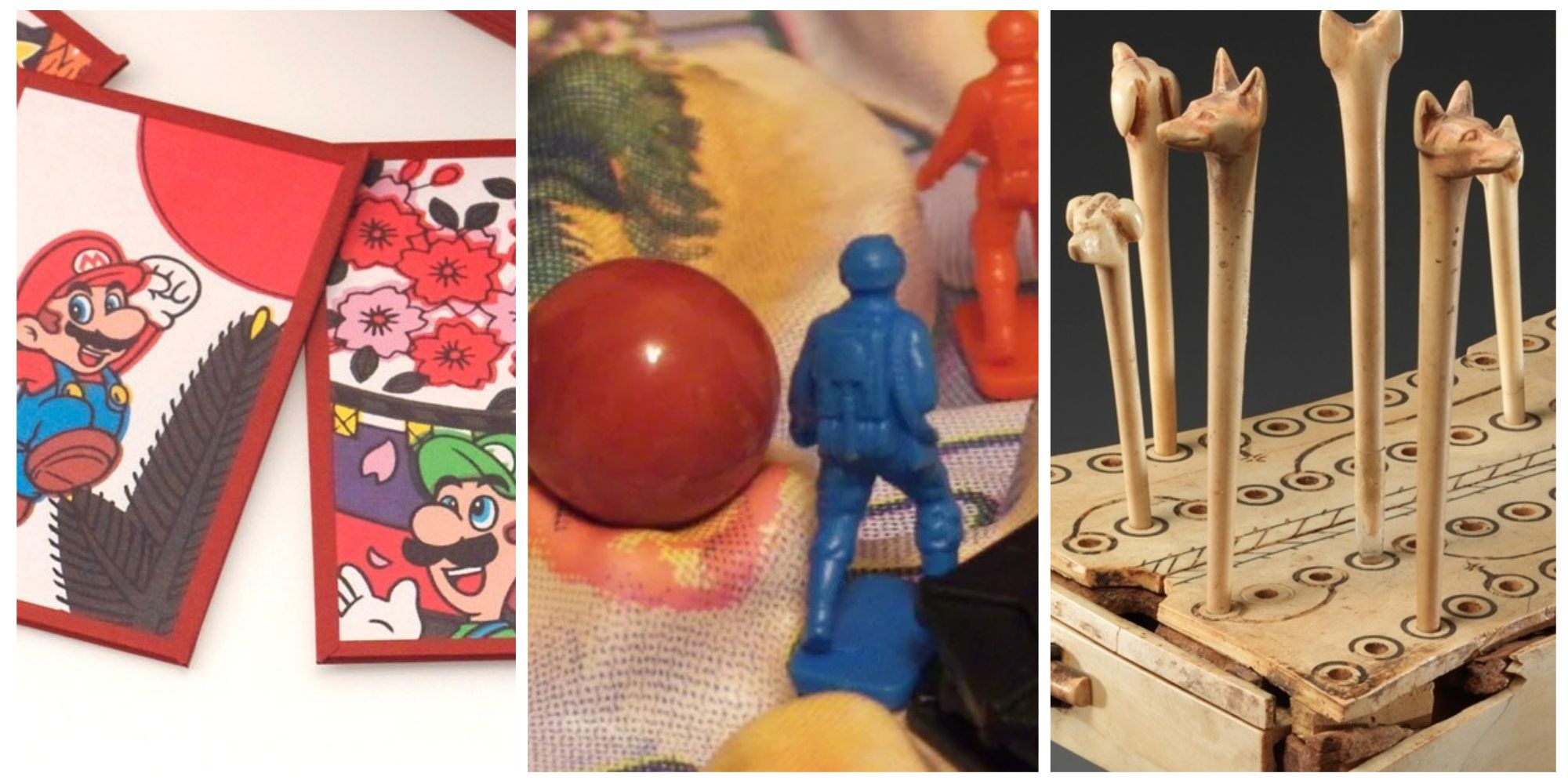 A Collage of Super Mario hanafuda cards, Fireball Island game pieces, and a Hounds and Jackals set